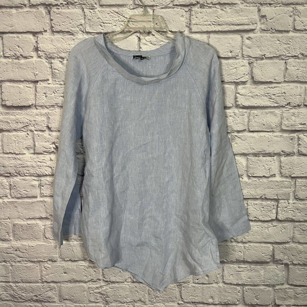 Kontrast Blue Linen Long Sleeve Cowl Neck Asymmetrical Blouse XS